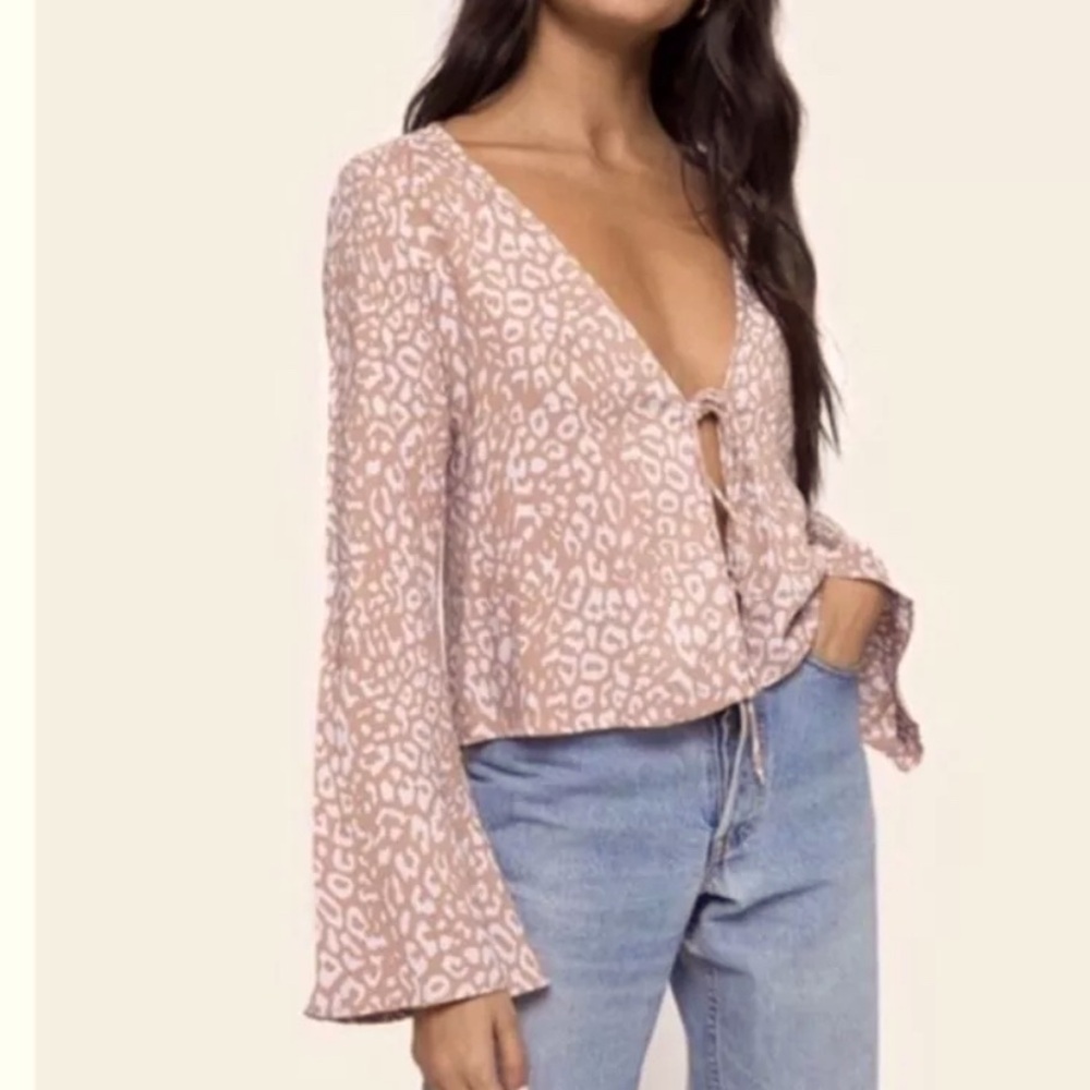Motel Rocks Tan Lilac Long Sleeve Front Tie Top Women’s Merida Blouse Size L